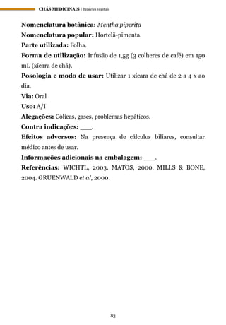 CHÁS MEDICINAIS | Espécies vegetais
83
Nomenclatura botânica: Mentha piperita
Nomenclatura popular: Hortelã-pimenta.
Parte utilizada: Folha.
Forma de utilização: Infusão de 1,5g (3 colheres de café) em 150
mL (xícara de chá).
Posologia e modo de usar: Utilizar 1 xícara de chá de 2 a 4 x ao
dia.
Via: Oral
Uso: A/I
Alegações: Cólicas, gases, problemas hepáticos.
Contra indicações: ___.
Efeitos adversos: Na presença de cálculos biliares, consultar
médico antes de usar.
Informações adicionais na embalagem: ___.
Referências: WICHTL, 2003. MATOS, 2000. MILLS & BONE,
2004. GRUENWALD et al, 2000.
 