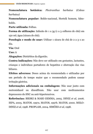 CHÁS MEDICINAIS | Espécies vegetais
107
Nomenclatura botânica: Plectranthus barbatus (Coleus
barbatus)
Nomenclatura popular: Boldo-nacional, Hortelã homem, falso-
boldo.
Parte utilizada: Folhas.
Forma de utilização: Infusão de 1 a 3g (1 a 3 colheres de chá) em
150 mL água (xícara de chá).
Posologia e modo de usar: Utilizar 1 xícara de chá de 2 a 3 x ao
dia.
Via: Oral
Uso: A
Alegações: Distúrbios da digestão.
Contra indicações: Não deve ser utilizado em gestantes, lactantes,
crianças e indivíduos portadores de hepatites e obstrução das vias
biliares.
Efeitos adversos: Doses acima da recomendada e utilizadas por
um período de tempo maior que o recomendado podem causar
irritação gástrica.
Informações adicionais na embalagem: Não usar junto com
metronidazol ou dissulfiram. Não usar com medicamentos
depressores do SNC ou anti-hipertensivos.
Referências: BIESKI & MARI GEMMA, 2005. DINIZ et al, 2006.
IEPA, 2005. MATOS, 1997a. MATOS, 1997b. MATOS, 2000. MELO-
DINIZ et al, 1998. PROPLAM, 2004. SIMÕES et al, 1998.
 