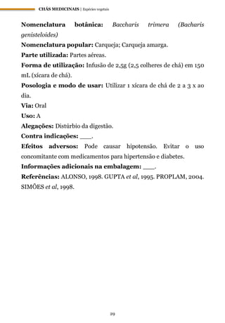 CHÁS MEDICINAIS | Espécies vegetais
29
Nomenclatura botânica: Baccharis trimera (Bacharis
genisteloides)
Nomenclatura popular: Carqueja; Carqueja amarga.
Parte utilizada: Partes aéreas.
Forma de utilização: Infusão de 2,5g (2,5 colheres de chá) em 150
mL (xícara de chá).
Posologia e modo de usar: Utilizar 1 xícara de chá de 2 a 3 x ao
dia.
Via: Oral
Uso: A
Alegações: Distúrbio da digestão.
Contra indicações: ___.
Efeitos adversos: Pode causar hipotensão. Evitar o uso
concomitante com medicamentos para hipertensão e diabetes.
Informações adicionais na embalagem: ___.
Referências: ALONSO, 1998. GUPTA et al, 1995. PROPLAM, 2004.
SIMÕES et al, 1998.
 