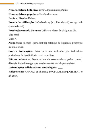 CHÁS MEDICINAIS | Espécies vegetais
51
Nomenclatura botânica: Echinodorus macrophyllus
Nomenclatura popular: Chapéu-de-couro.
Parte utilizada: Folhas.
Forma de utilização: Infusão de 1g (1 colher de chá) em 150 mL
(xícara de chá).
Posologia e modo de usar: Utilizar 1 xícara de chá 3 x ao dia.
Via: Oral
Uso: A
Alegações: Edemas (inchaços) por retenção de líquidos e processos
inflamatórios.
Contra indicações: Não deve ser utilizado por indivíduos
portadores de insuficiência renal e cardíaca.
Efeitos adversos: Doses acima da recomendada podem causar
diarreia. Pode interagir com medicamentos anti-hipertensivos.
Informações adicionais na embalagem: ___.
Referências: AMARAL et al, 2005. PROPLAM, 2004. GILBERT et
al, 2005.
 