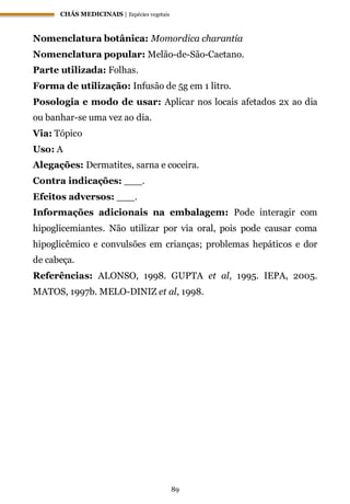 CHÁS MEDICINAIS | Espécies vegetais
89
Nomenclatura botânica: Momordica charantia
Nomenclatura popular: Melão-de-São-Caetano.
Parte utilizada: Folhas.
Forma de utilização: Infusão de 5g em 1 litro.
Posologia e modo de usar: Aplicar nos locais afetados 2x ao dia
ou banhar-se uma vez ao dia.
Via: Tópico
Uso: A
Alegações: Dermatites, sarna e coceira.
Contra indicações: ___.
Efeitos adversos: ___.
Informações adicionais na embalagem: Pode interagir com
hipoglicemiantes. Não utilizar por via oral, pois pode causar coma
hipoglicêmico e convulsões em crianças; problemas hepáticos e dor
de cabeça.
Referências: ALONSO, 1998. GUPTA et al, 1995. IEPA, 2005.
MATOS, 1997b. MELO-DINIZ et al, 1998.
 