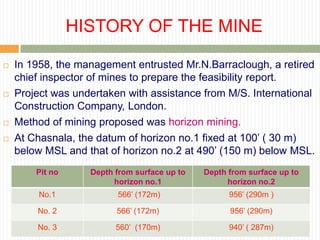 HISTORY OF THE MINE

   In 1958, the management entrusted Mr.N.Barraclough, a retired
    chief inspector of mines to prepare the feasibility report.
   Project was undertaken with assistance from M/S. International
    Construction Company, London.
   Method of mining proposed was horizon mining.
   At Chasnala, the datum of horizon no.1 fixed at 100‟ ( 30 m)
    below MSL and that of horizon no.2 at 490‟ (150 m) below MSL.
        Pit no     Depth from surface up to   Depth from surface up to
                         horizon no.1               horizon no.2
         No.1            566‟ (172m)                956‟ (290m )

        No. 2            566‟ (172m)                956‟ (290m)

        No. 3            560‟ (170m)                940‟ ( 287m)
 