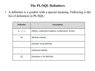 The PL/SQL Delimiters
• A delimiter is a symbol with a special meaning. Following is the
list of delimiters in PL/SQL:
 