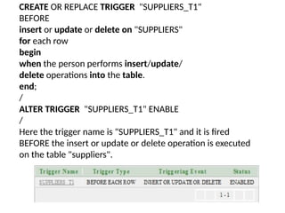 CREATE OR REPLACE TRIGGER "SUPPLIERS_T1"
BEFORE
insert or update or delete on "SUPPLIERS"
for each row
begin
when the person performs insert/update/
delete operations into the table.
end;
/
ALTER TRIGGER "SUPPLIERS_T1" ENABLE
/
Here the trigger name is "SUPPLIERS_T1" and it is fired
BEFORE the insert or update or delete operation is executed
on the table "suppliers".
 