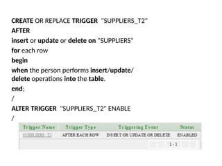 CREATE OR REPLACE TRIGGER "SUPPLIERS_T2"
AFTER
insert or update or delete on "SUPPLIERS"
for each row
begin
when the person performs insert/update/
delete operations into the table.
end;
/
ALTER TRIGGER "SUPPLIERS_T2" ENABLE
/
 