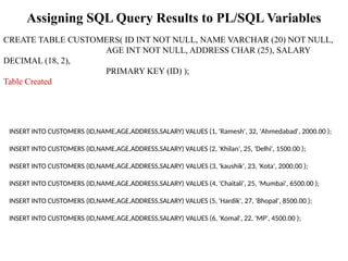 Assigning SQL Query Results to PL/SQL Variables
CREATE TABLE CUSTOMERS( ID INT NOT NULL, NAME VARCHAR (20) NOT NULL,
AGE INT NOT NULL, ADDRESS CHAR (25), SALARY
DECIMAL (18, 2),
PRIMARY KEY (ID) );
Table Created
INSERT INTO CUSTOMERS (ID,NAME,AGE,ADDRESS,SALARY) VALUES (1, 'Ramesh', 32, 'Ahmedabad', 2000.00 );
INSERT INTO CUSTOMERS (ID,NAME,AGE,ADDRESS,SALARY) VALUES (2, 'Khilan', 25, 'Delhi', 1500.00 );
INSERT INTO CUSTOMERS (ID,NAME,AGE,ADDRESS,SALARY) VALUES (3, 'kaushik', 23, 'Kota', 2000.00 );
INSERT INTO CUSTOMERS (ID,NAME,AGE,ADDRESS,SALARY) VALUES (4, 'Chaitali', 25, 'Mumbai', 6500.00 );
INSERT INTO CUSTOMERS (ID,NAME,AGE,ADDRESS,SALARY) VALUES (5, 'Hardik', 27, 'Bhopal', 8500.00 );
INSERT INTO CUSTOMERS (ID,NAME,AGE,ADDRESS,SALARY) VALUES (6, 'Komal', 22, 'MP', 4500.00 );
 