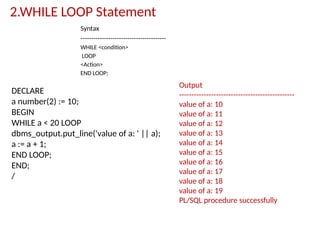 2.WHILE LOOP Statement
Syntax
----------------------------------------
WHILE <condition>
LOOP
<Action>
END LOOP;
Output
-----------------------------------------------
value of a: 10
value of a: 11
value of a: 12
value of a: 13
value of a: 14
value of a: 15
value of a: 16
value of a: 17
value of a: 18
value of a: 19
PL/SQL procedure successfully
DECLARE
a number(2) := 10;
BEGIN
WHILE a < 20 LOOP
dbms_output.put_line('value of a: ' || a);
a := a + 1;
END LOOP;
END;
/
 