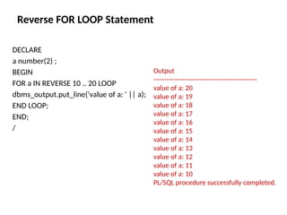 Reverse FOR LOOP Statement
DECLARE
a number(2) ;
BEGIN
FOR a IN REVERSE 10 .. 20 LOOP
dbms_output.put_line('value of a: ' || a);
END LOOP;
END;
/
Output
-----------------------------------------------
value of a: 20
value of a: 19
value of a: 18
value of a: 17
value of a: 16
value of a: 15
value of a: 14
value of a: 13
value of a: 12
value of a: 11
value of a: 10
PL/SQL procedure successfully completed.
 