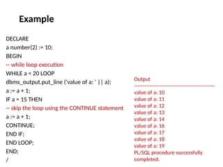 DECLARE
a number(2) := 10;
BEGIN
-- while loop execution
WHILE a < 20 LOOP
dbms_output.put_line ('value of a: ' || a);
a := a + 1;
IF a = 15 THEN
-- skip the loop using the CONTINUE statement
a := a + 1;
CONTINUE;
END IF;
END LOOP;
END;
/
Output
-----------------------------------------------
value of a: 10
value of a: 11
value of a: 12
value of a: 13
value of a: 14
value of a: 16
value of a: 17
value of a: 18
value of a: 19
PL/SQL procedure successfully
completed.
Example
 