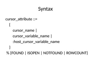 Syntax
cursor_attribute ::=
{
cursor_name |
cursor_variable_name |
:host_cursor_variable_name
}
% {FOUND | ISOPEN | NOTFOUND | ROWCOUNT}
 