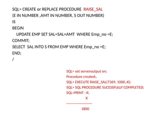 SQL> CREATE or REPLACE PROCEDURE RAISE_SAL
(E IN NUMBER ,AMT IN NUMBER, S OUT NUMBER)
IS
BEGIN
UPDATE EMP SET SAL=SAL+AMT WHERE Emp_no =E;
COMMIT;
SELECT SAL INTO S FROM EMP WHERE Emp_no =E;
END;
/
SQL> set serveroutput on;
Procedure created;.
SQL> EXECUTE RAISE_SAL(7369, 1000,:K);
SQL> SQL PROCEDURE SUCESSFULLY COMPLETED;
SQL>PRINT : K;
K
----------------------
1800
 