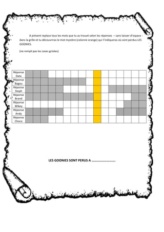 A présent replace tous les mots que tu as trouvé selon les réponses – sans laisser d’espace ‐ 
dans la grille et tu découvriras le mot mystère (colonne orange) qui t’indiqueras où sont perdus LES 
GOONIES. 
(ne rempli pas les cases grisées) 
Réponse 
Data 
Réponse 
Bagou 
Réponse 
Steph 
Réponse 
Brand 
Réponse 
Mikey 
Réponse 
Andy 
Réponse 
Choco 
LES GOONIES SONT PERUS A ………………………. 
 