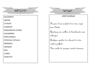 AGUAMENTI
IMPERO
STUPEFIX
EVANESCO
WINGARDIUM LEVIOSA
ALOHOMORA
EXPELLIARMUS
PETRIFICUS TOTALUS
IMMOBILIS
INCENDIO
NOX
LUMOS
OUBLIETTE
SORTILEGES POTIONS
VERITASERUM
Un peu d’eau au fond d’un verre, noyé
dans l’huile.
Ajoutez-y une cuillère de bicarbonate sans
mélanger.
Quelques gouttes de colorant de votre
couleur préférée
Une coulée de vinaigre viendra terminer.
 