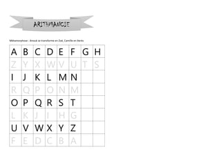 Métamorphose : Anouk se transforme en Zoé, Camille en Xerès
A B C D E F G H
Z Y X W V U T S
I J K L M N
R Q P O N M
O P Q R S T
L K J I H G
U V W X Y Z
F E D C B A
ARITHMANCIE
 