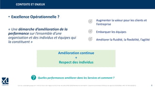 © XL SA | contact@xl-groupe.com | Paris 01 78 16 11 99 | Région 04 76 61 34 40 | 88, Allée Galilée 38330 Montbonnot-Saint-Martin | Organisme de formation (Préfecture de région) 82 38 00 90938 | SIRET 347 945 628 000 50 6
CONTEXTE ET ENJEUX
Augmenter la valeur pour les clients et
l’entreprise
Embarquer les équipes
Améliorer la fluidité, la flexibilité, l’agilité
• Excellence Opérationnelle ?
« Une démarche d’amélioration de la
performance sur l’ensemble d’une
organisation et des individus et équipes qui
la constituent »
Amélioration continue
+
Respect des individus
Quelles performances améliorer dans les Services et comment ?
 