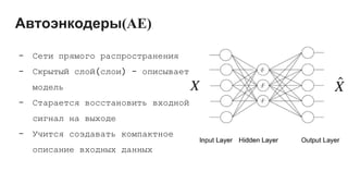 Автоэнкодеры(AE)
- Сети прямого распространения
- Скрытый слой(слои) - описывает
модель
- Старается восстановить входной
сигнал на выходе
- Учится создавать компактное
описание входных данных
 