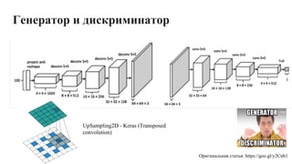 Генератор и дискриминатор
UpSampling2D - Keras (Transposed
convolution)
Оригинальная статья: https://goo.gl/y2Cnb1
 