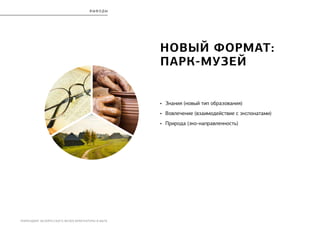 РЕБРЕНДИНГ БЕЛОРУССКОГО МУЗЕЯ АРХИТЕКТУРЫ И БЫТА
в ы вод ы
НОвый формат:
парк-музей
•	 Знания (новый тип образования)
•	 Вовлечение (взаимодействие с экспонатами)
•	 Природа (эко-направленность)
 