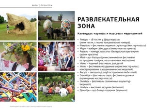 РЕБРЕНДИНГ БЕЛОРУССКОГО МУЗЕЯ АРХИТЕКТУРЫ И БЫТА
РАЗВЛЕКАТЕЛЬНАЯ
ЗОНА
Календарь научных и массовых мероприятий
• Январь – «В гостях у Деда мороза»
(учим песни, стишки, танцевальные номера)
• Февраль – фестиваль ледяных скульптур (мастер-классы)
• Март – выбери себе друга (животные из приюта)
• Апрель – конкурс красоты «Беларуская прыгажуня»
(уроки красоты)
• Май – арт-базары (ремесленнически фестивали
по продаже товаров, изготовленных мастерами)
• Июнь – научный фестиваль для детей
• Июль – фестиваль воздушных шаров (мастер-класс:
конструирование аэродинамических моделей)
• Август – звездопад (клуб астрономов-любителей)
• Сентябрь – фестиваль сыра, фестиваль урожая
(кулинарные мастер классы)
• Октябрь – фестиваль соломенных скульптур
(воркшоп)
• Ноябрь – выставка игрушек (воркшоп)
• Декабрь – арт-базар подарков (воркшоп)
бизнес - процесс ы
 