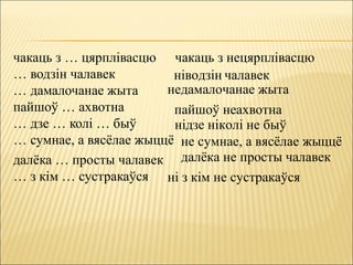 чакаць з … цярплівасцю
… водзін чалавек
… дамалочанае жыта
пайшоў … ахвотна
… дзе … колі … быў
… сумнае, а вясёлае жыццё
далёка … просты чалавек
… з кім … сустракаўся
чакаць з нецярплівасцю
ніводзін чалавек
недамалочанае жыта
пайшоў неахвотна
нідзе ніколі не быў
не сумнае, а вясёлае жыццё
далёка не просты чалавек
ні з кім не сустракаўся
 