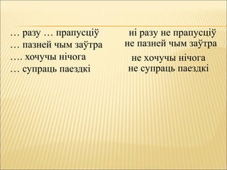 … разу … прапусціў
… пазней чым заўтра
…. хочучы нічога
… супраць паездкі
ні разу не прапусціў
не пазней чым заўтра
не хочучы нічога
не супраць паездкі
 