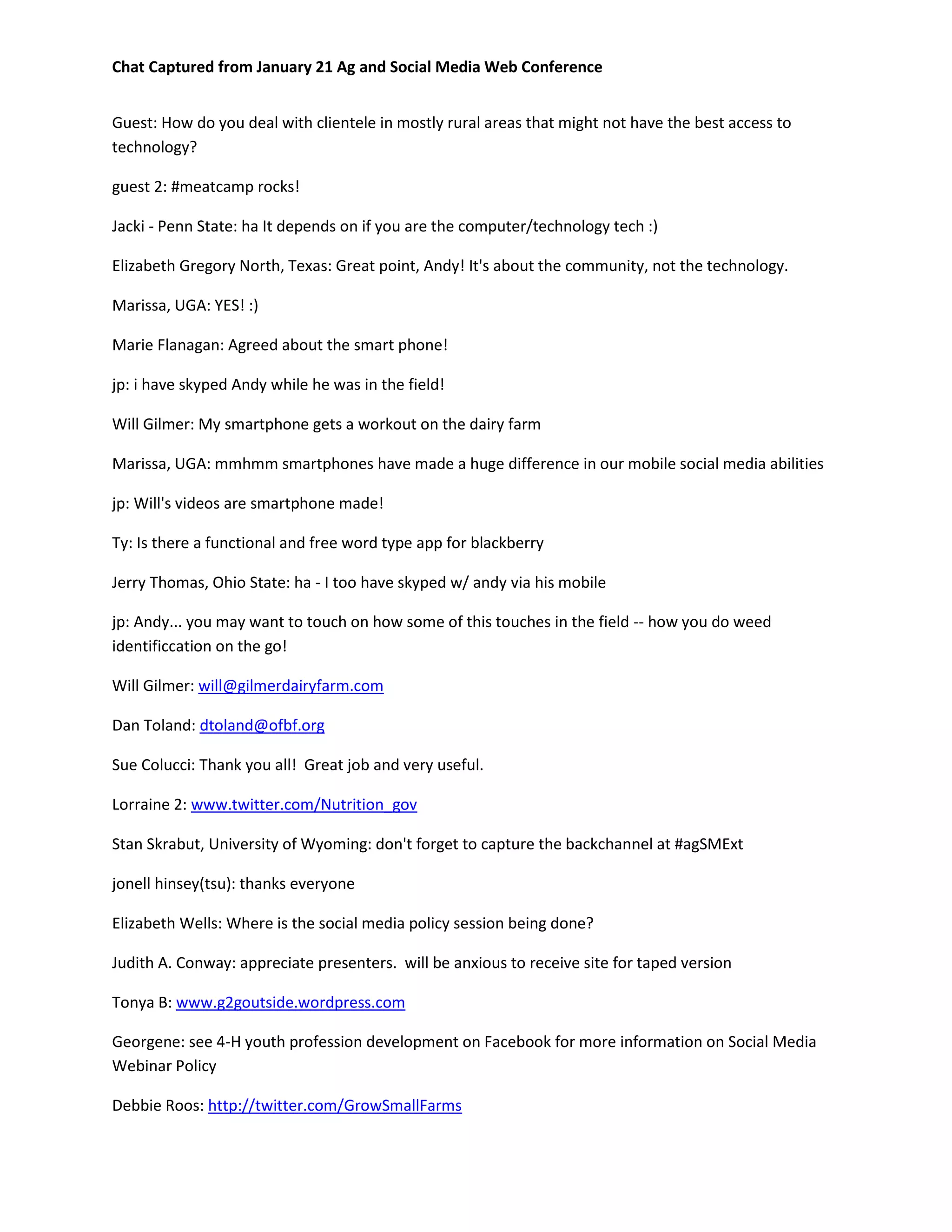 Chat from Ag and Social Media Web Conference