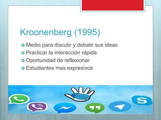 Kroonenberg (1995)
 Medio para discutir y debatir sus ideas
 Practicar la interacción rápida
 Oportunidad de reflexionar
 Estudiantes mas expresivos
 