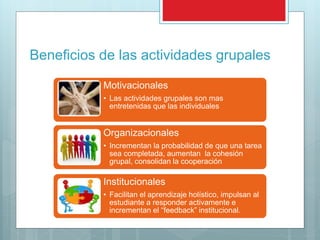 Beneficios de las actividades grupales
Motivacionales
• Las actividades grupales son mas
entretenidas que las individuales
Organizacionales
• Incrementan la probabilidad de que una tarea
sea completada, aumentan la cohesión
grupal, consolidan la cooperación
Institucionales
• Facilitan el aprendizaje holístico, impulsan al
estudiante a responder activamente e
incrementan el “feedback” institucional.
 