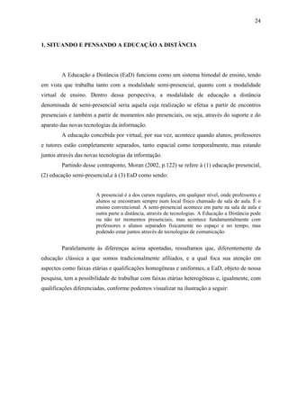 24



1. SITUANDO E PENSANDO A EDUCAÇÃO A DISTÂNCIA




        A Educação a Distância (EaD) funciona como um sistema bimodal de ensino, tendo
em vista que trabalha tanto com a modalidade semi-presencial, quanto com a modalidade
virtual de ensino. Dentro dessa perspectiva, a modalidade de educação a distância
denominada de semi-presencial seria aquela cuja realização se efetua a partir de encontros
presenciais e também a partir de momentos não presenciais, ou seja, através do suporte e do
aparato das novas tecnologias da informação.
        A educação concebida por virtual, por sua vez, acontece quando alunos, professores
e tutores estão completamente separados, tanto espacial como temporalmente, mas estando
juntos através das novas tecnologias da informação.
        Partindo desse contraponto, Moran (2002, p.122) se refere à (1) educação presencial,
(2) educação semi-presencial,e à (3) EaD como sendo:


                       A presencial é a dos cursos regulares, em qualquer nível, onde professores e
                       alunos se encontram sempre num local físico chamado de sala de aula. É o
                       ensino convencional. A semi-presencial acontece em parte na sala de aula e
                       outra parte a distância, através de tecnologias. A Educação a Distância pode
                       ou não ter momentos presenciais, mas acontece fundamentalmente com
                       professores e alunos separados fisicamente no espaço e no tempo, mas
                       podendo estar juntos através de tecnologias de comunicação.


        Paralelamente às diferenças acima apontadas, ressaltamos que, diferentemente da
educação clássica a que somos tradicionalmente afiliados, e a qual foca sua atenção em
aspectos como faixas etárias e qualificações homogêneas e uniformes, a EaD, objeto de nossa
pesquisa, tem a possibilidade de trabalhar com faixas etárias heterogêneas e, igualmente, com
qualificações diferenciadas, conforme podemos visualizar na ilustração a seguir:
 