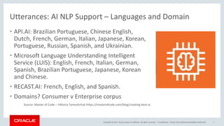 Copyright © 2017, Oracle and/or its affiliates. All rights reserved. |
Utterances: AI NLP Support – Languages and Domain
•...