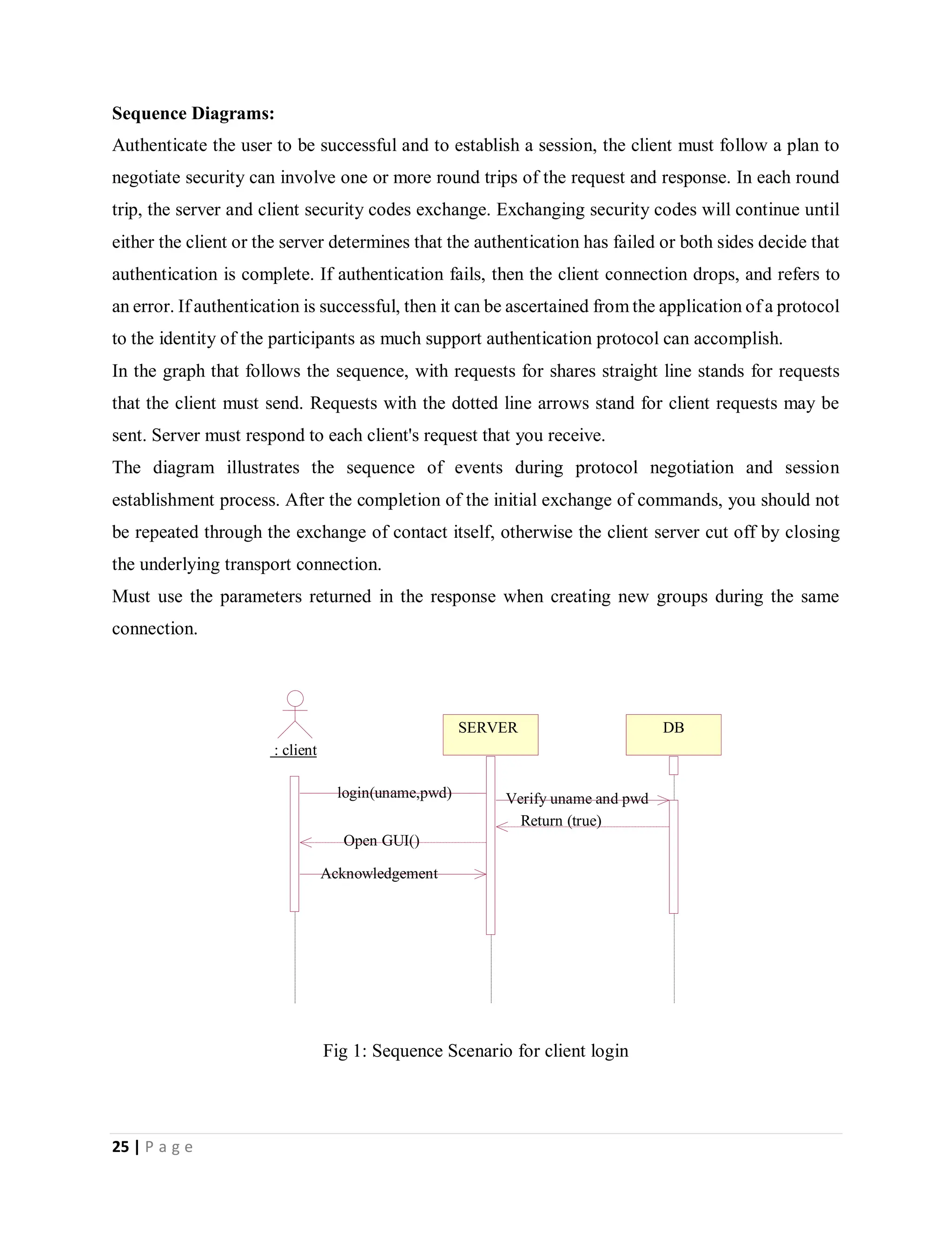 25 | P a g e

Sequence Diagrams:
Authenticate the user to be successful and to establish a session, the client must follow a plan to
negotiate security can involve one or more round trips of the request and response. In each round
trip, the server and client security codes exchange. Exchanging security codes will continue until
either the client or the server determines that the authentication has failed or both sides decide that
authentication is complete. If authentication fails, then the client connection drops, and refers to
an error. If authentication is successful, then it can be ascertained from the application of a protocol
to the identity of the participants as much support authentication protocol can accomplish.
In the graph that follows the sequence, with requests for shares straight line stands for requests
that the client must send. Requests with the dotted line arrows stand for client requests may be
sent. Server must respond to each client's request that you receive.
The diagram illustrates the sequence of events during protocol negotiation and session
establishment process. After the completion of the initial exchange of commands, you should not
be repeated through the exchange of contact itself, otherwise the client server cut off by closing
the underlying transport connection.
Must use the parameters returned in the response when creating new groups during the same
connection.
Fig 1: Sequence Scenario for client login
: client
SERVER DB
login(uname,pwd) Verify uname and pwd
Return (true)
Open GUI()
Acknowledgement
 
