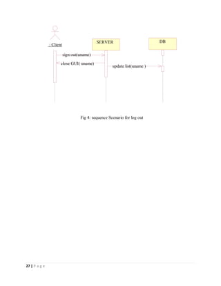 27 | P a g e
Fig 4: sequence Scenario for log out
: Client
SERVER DB
sign out(uname)
close GUI( uname)
update list(uname )
 