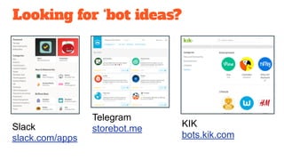 Looking for ‘bot ideas?
Slack
slack.com/apps
Telegram
storebot.me
KIK
bots.kik.com
 