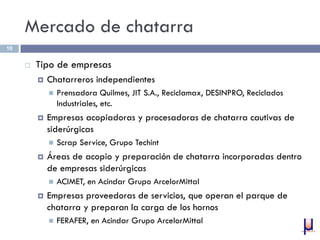 Mercado de chatarra
 Tipo de empresas
 Chatarreros independientes
 Prensadora Quilmes, JIT S.A., Reciclamax, DESINPRO, Reciclados
Industriales, etc.
 Empresas acopiadoras y procesadoras de chatarra cautivas de
siderúrgicas
 Scrap Service, Grupo Techint
 Áreas de acopio y preparación de chatarra incorporadas dentro
de empresas siderúrgicas
 ACIMET, en Acindar Grupo ArcelorMittal
 Empresas proveedoras de servicios, que operan el parque de
chatarra y preparan la carga de los hornos
 FERAFER, en Acindar Grupo ArcelorMittal
10
 
