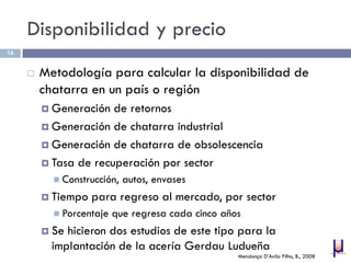 Disponibilidad y precio
 Metodología para calcular la disponibilidad de
chatarra en un país o región
 Generación de retornos
 Generación de chatarra industrial
 Generación de chatarra de obsolescencia
 Tasa de recuperación por sector
 Construcción, autos, envases
 Tiempo para regreso al mercado, por sector
 Porcentaje que regresa cada cinco años
 Se hicieron dos estudios de este tipo para la
implantación de la acería Gerdau Ludueña
14
Mendonça D’Avila Filho, B., 2008
 