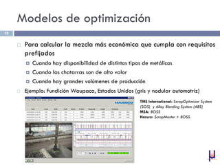 Modelos de optimización
 Para calcular la mezcla más económica que cumpla con requisitos
prefijados
 Cuando hay disponibilidad de distintos tipos de metálicos
 Cuando las chatarras son de alto valor
 Cuando hay grandes volúmenes de producción
 Ejemplo: Fundición Waupaca, Estados Unidos (gris y nodular automotriz)
19
TMS International: ScrapOptimizer System
(SOS) y Alloy Blending System (ABS)
MSA: BOSS
Harsco: ScrapMaster + BOSS
 