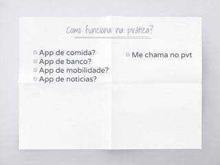 Como funciona na prática?
▧ App de comida?
▧ App de banco?
▧ App de mobilidade?
▧ App de noticias?
▧ Me chama no pvt
 