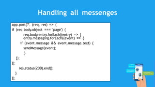 Handling all messenges
app.post('/', (req, res) => {
if (req.body.object === 'page') {
req.body.entry.forEach((entry) => {
entry.messaging.forEach((event) => {
if (event.message && event.message.text) {
sendMessage(event);
}
});
});
res.status(200).end();
}
});
 
