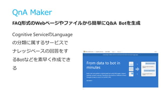QnA Maker
FAQ形式のWebページやファイルから簡単にQ&A Botを生成
Cognitive ServiceのLanguage
の分類に属するサービスで
ナレッジベースの回答をす
るBotなどを素早く作成でき
る
 