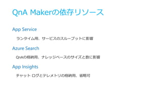 QnA Makerの依存リソース
App Service
ランタイム用、サービスのスループットに影響
Azure Search
QnAの格納用、ナレッジベースのサイズと数に影響
App Insights
チャット ログとテレメトリの格納用、省略可
 