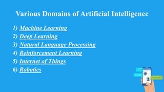 Various Domains of Artificial Intelligence
1) Machine Learning
2) Deep Learning
3) Natural Language Processing
4) Reinforcement Learning
5) Internet of Things
6) Robotics
 