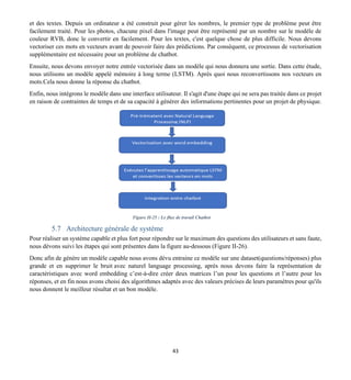 43
et des textes. Depuis un ordinateur a été construit pour gérer les nombres, le premier type de problème peut être
facilement traité. Pour les photos, chacune pixel dans l'image peut être représenté par un nombre sur le modèle de
couleur RVB, donc le convertir en facilement. Pour les textes, c'est quelque chose de plus difficile. Nous devons
vectoriser ces mots en vecteurs avant de pouvoir faire des prédictions. Par conséquent, ce processus de vectorisation
supplémentaire est nécessaire pour un problème de chatbot.
Ensuite, nous devons envoyer notre entrée vectorisée dans un modèle qui nous donnera une sortie. Dans cette étude,
nous utilisons un modèle appelé mémoire à long terme (LSTM). Après quoi nous reconvertissons nos vecteurs en
mots.Cela nous donne la réponse du chatbot.
Enfin, nous intégrons le modèle dans une interface utilisateur. Il s'agit d'une étape qui ne sera pas traitée dans ce projet
en raison de contraintes de temps et de sa capacité à générer des informations pertinentes pour un projet de physique.
Figure II-25 : Le flux de travail Chatbot
5.7 Architecture générale de système
Pour réaliser un système capable et plus fort pour répondre sur le maximum des questions des utilisateurs et sans faute,
nous dévons suivi les étapes qui sont présentes dans la figure au-dessous (Figure II-26).
Donc afin de génère un modèle capable nous avons dévu entraine ce modèle sur une dataset(questions/réponses) plus
grande et en supprimer le bruit avec naturel language processing, après nous devons faire la représentation de
caractéristiques avec word embedding c’est-à-dire créer deux matrices l’un pour les questions et l’autre pour les
réponses, et en fin nous avons choisi des algorithmes adaptés avec des valeurs précises de leurs paramètres pour qu'ils
nous donnent le meilleur résultat et un bon modèle.
 