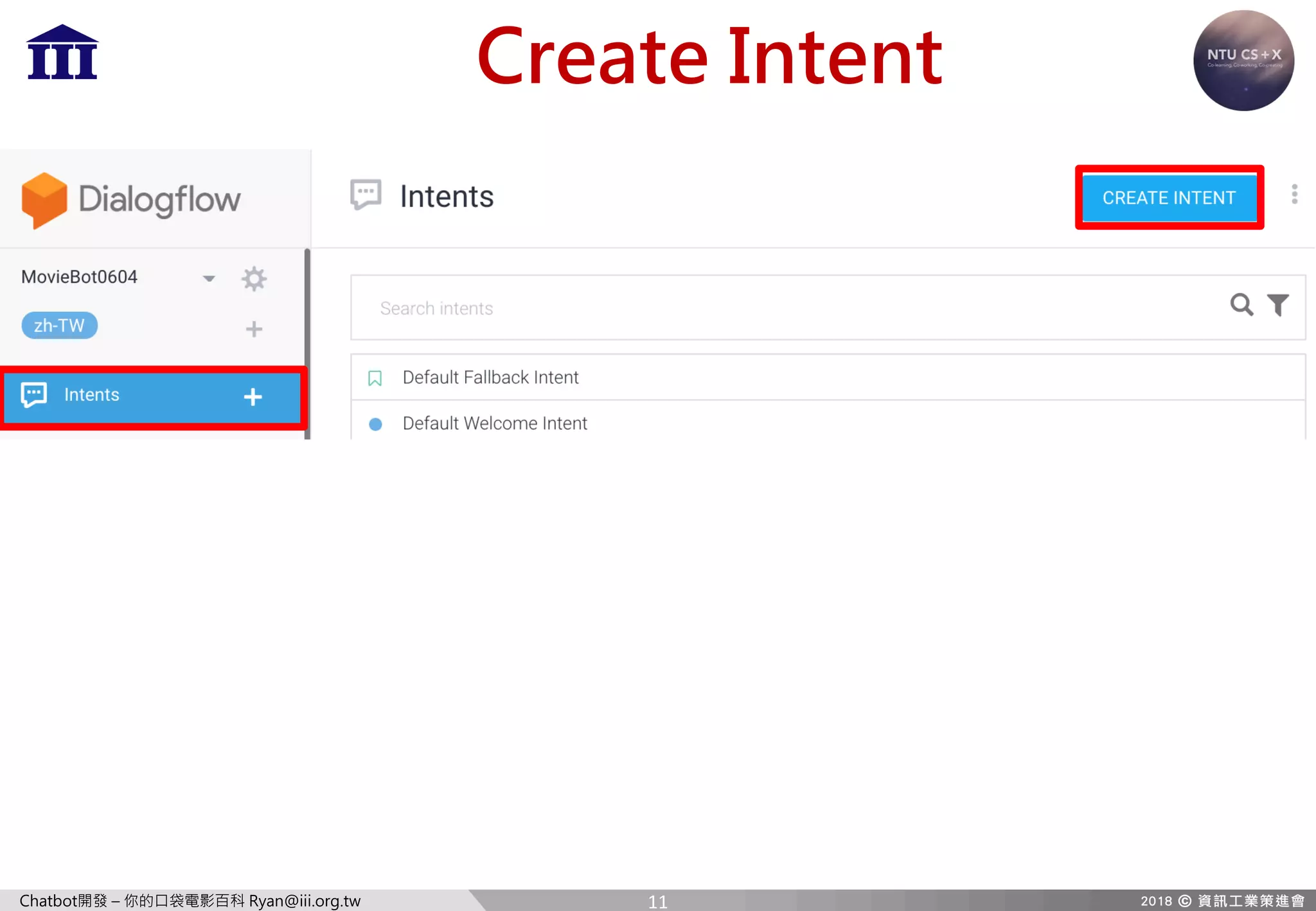 Chatbot開發 – 你的口袋電影百科 Ryan@iii.org.tw
Create Intent
11
 