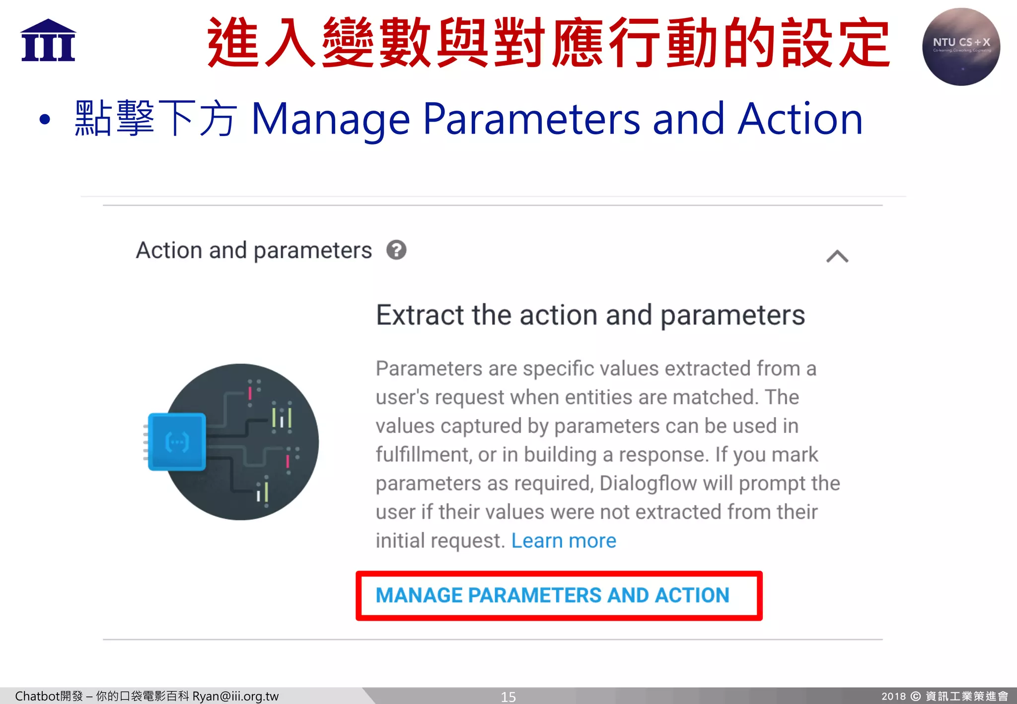 Chatbot開發 – 你的口袋電影百科 Ryan@iii.org.tw
進入變數與對應行動的設定
• 點擊下方 Manage Parameters and Action
15
 
