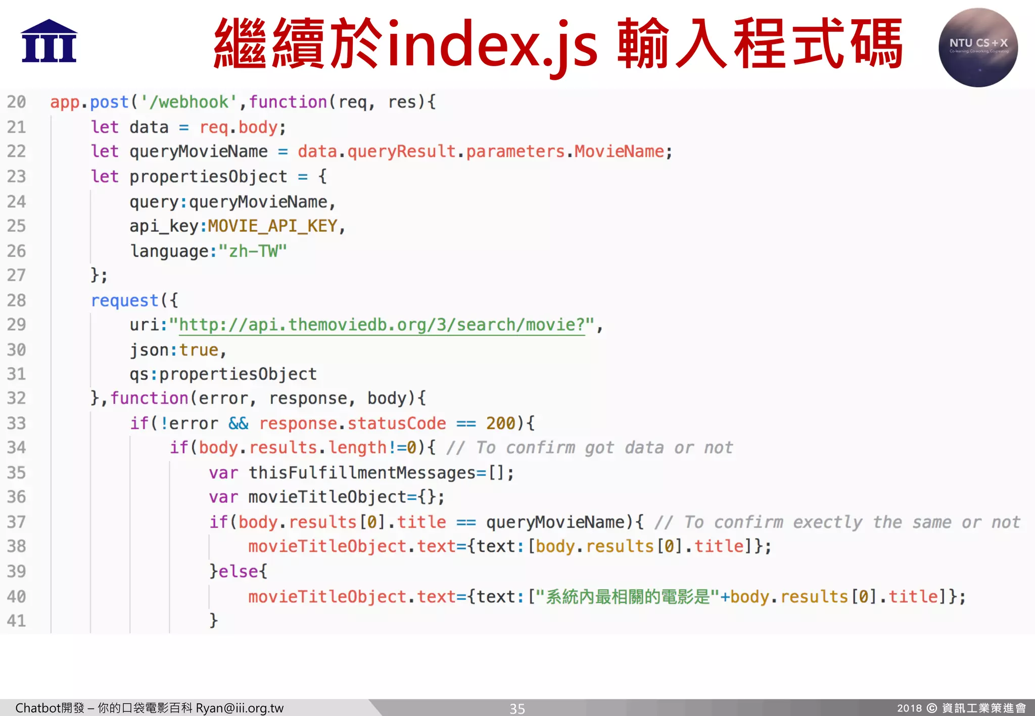 Chatbot開發 – 你的口袋電影百科 Ryan@iii.org.tw
繼續於index.js 輸入程式碼
35
 