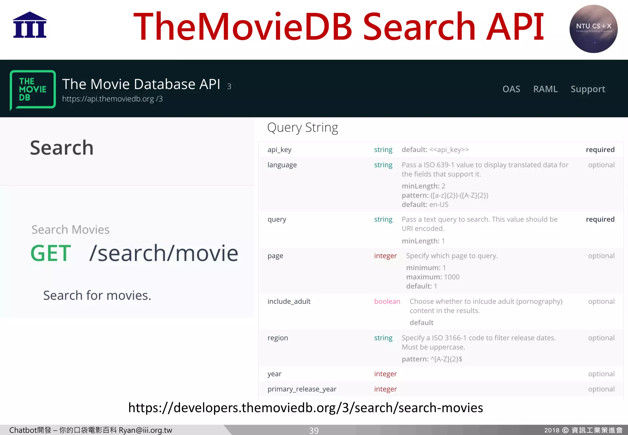 Chatbot開發 – 你的口袋電影百科 Ryan@iii.org.tw
TheMovieDB Search API
https://developers.themoviedb.org/3/search/search-movies
39
 