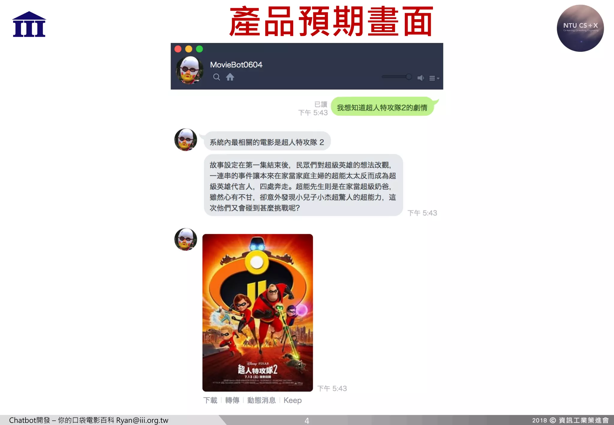 Chatbot開發 – 你的口袋電影百科 Ryan@iii.org.tw
產品預期畫面
4
 