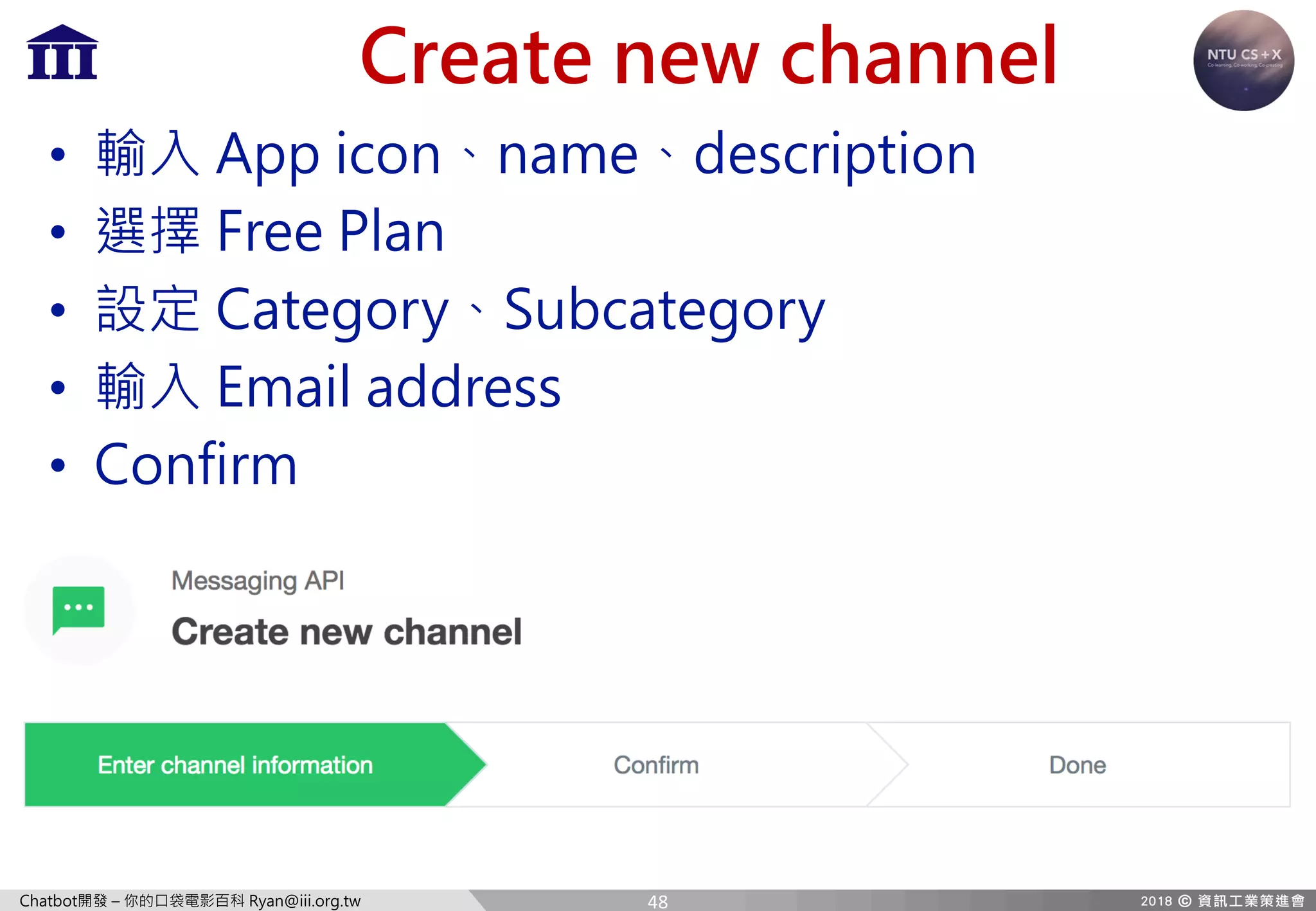 Chatbot開發 – 你的口袋電影百科 Ryan@iii.org.tw
Create new channel
• 輸入 App icon、name、description
• 選擇 Free Plan
• 設定 Category、Subcategory
• 輸入 Email address
• Confirm
48
 