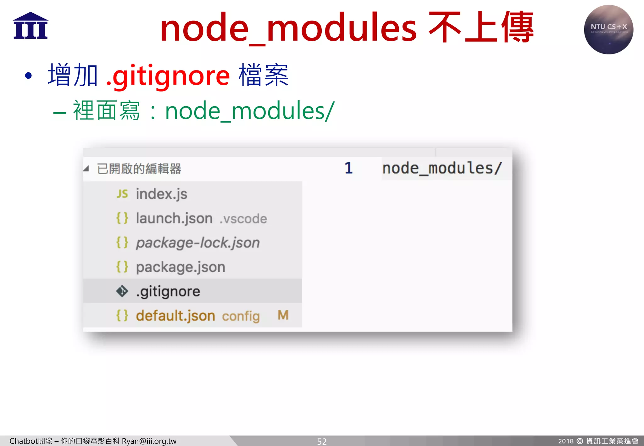 Chatbot開發 – 你的口袋電影百科 Ryan@iii.org.tw
node_modules 不上傳
• 增加 .gitignore 檔案
– 裡面寫：node_modules/
52
 