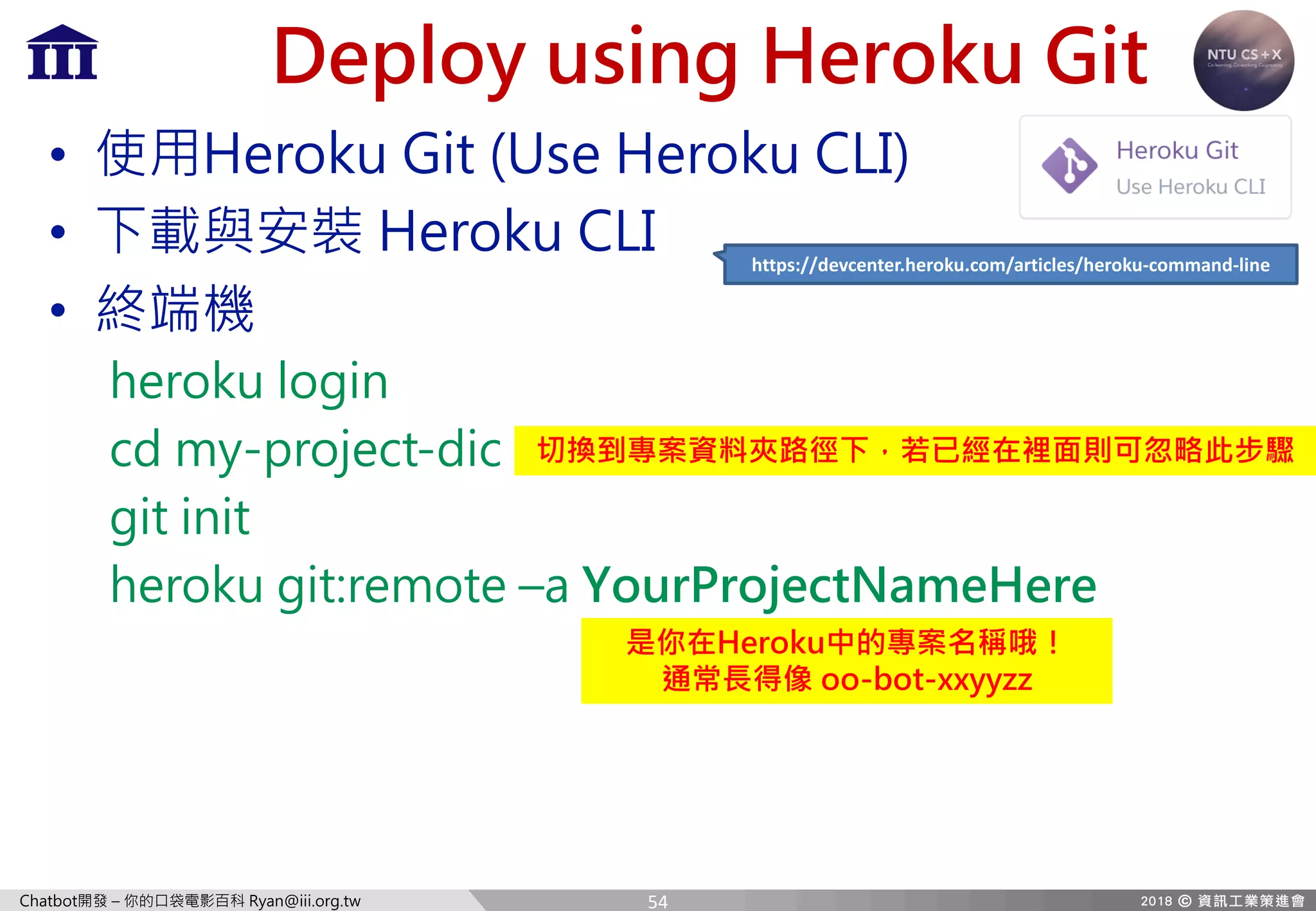 Chatbot開發 – 你的口袋電影百科 Ryan@iii.org.tw
Deploy using Heroku Git
• 使用Heroku Git (Use Heroku CLI)
• 下載與安裝 Heroku CLI
• 終端機
heroku login
cd my-project-dic
git init
heroku git:remote –a YourProjectNameHere
https://devcenter.heroku.com/articles/heroku-command-line
是你在Heroku中的專案名稱哦！
通常長得像 oo-bot-xxyyzz
切換到專案資料夾路徑下，若已經在裡面則可忽略此步驟
54
 
